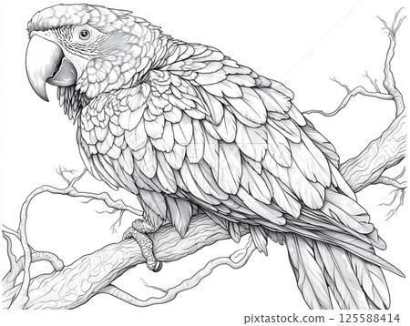 Intricate parrot line art illustration for adults and kid coloring books and nature design projects 125588414