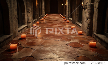 Medieval castle corridor with candle pathway for mysterious atmosphere 125588415