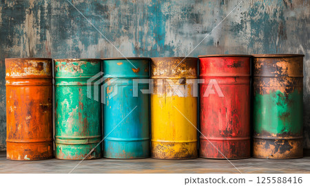 Weathered multicolored metal barrels against distressed wall for industrial design 125588416