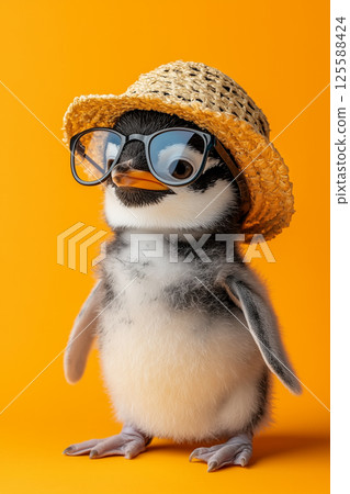 Adorable young penguin with hat and glasses on bright orange background. Funny illustration for kids 125588424