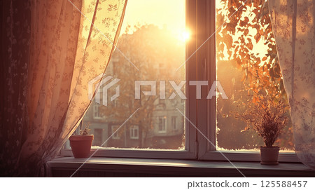 Cozy autumn morning, soft golden sunlight and delicate curtains framing window with potted plants on windowsill 125588457
