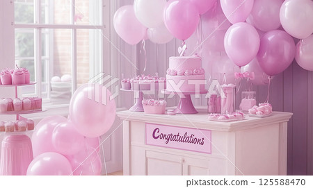 Pink celebration setup with the word "Congratulations", balloons and cakes for greeting card and festive event 125588470