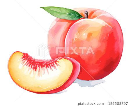 桃子水彩插圖及切開的桃子AI生成 125588797