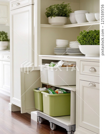 Open kitchen cabinet with green storage bins, herbs, containers, and wooden shelves 125589556