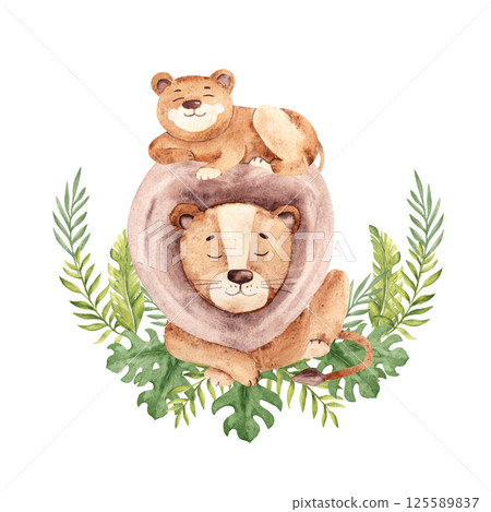Cute lion dad with his cub lying in Tropical leaves. Fathers Day Illustration. Watercolor Safari Composition. Hand drawn African animal clipart isolated on a white background. Perfect for cards and 125589837