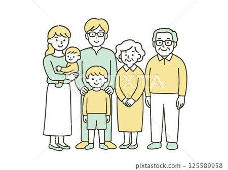 Illustration of a three-generation family smiling side by side 125589958