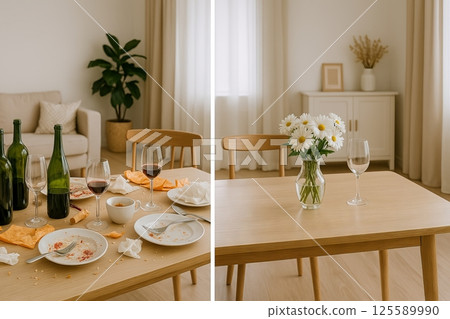 Before and after cleaning dining table with dirty dishes and bottles turned into tidy setup with clean plates and white tablecloth. home cleaning, kitchen hygiene, organization, fresh interior Before and after cleaning dining table with dirty dishes and bottles turned into tidy setup with clean plates and white tablecloth. home cleaning, kitchen hygiene, organization, fresh interior 125589990