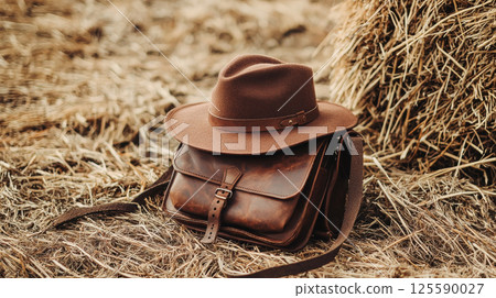 Timeless leather bag and classic hat in rustic hayfield setting. concept of vintage fashion, rural lifestyle, country charm, timeless accessories, countryside 125590027