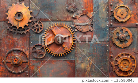 Abstract steampunk inspired background featuring intricate mechanical gears and rusty metallic textures. concept of industrial design, vintage aesthetics, retro futurism 125590043