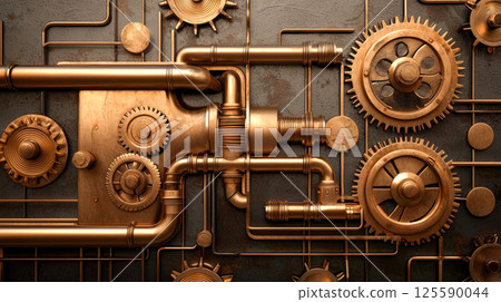 Abstract steampunk style background featuring bronze and gold gears, pipes, and cogs. concept of industrial design, retro futurism, vintage mechanisms Abstract steampunk style background featuring bronze and gold gears, pipes, and cogs. concept of industrial design, retro futurism, vintage mechanisms 125590044