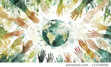 Earth day watercolor illustration featuring a planet globe surrounded by diverse hands. concept of global unity, environmental awareness, planet protection, community support 125590080