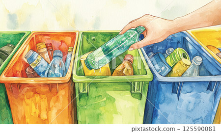 Vibrant watercolor illustration celebrating earth day with colorful recycling bins and hand sorting plastics. concept of eco-friendly action, environmental conservation, sustainable living 125590081