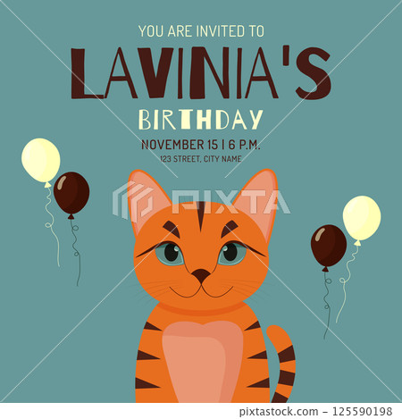 birthday party invitation card with ginger cat vector illustration 125590198