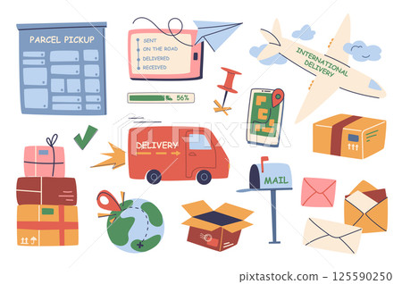 Worldwide delivery set in flat graphic design. Collection isolated elements of parcel pickup, tracking information in app, international airplane shipping, letter, mailbox, other. Vector illustration. 125590250