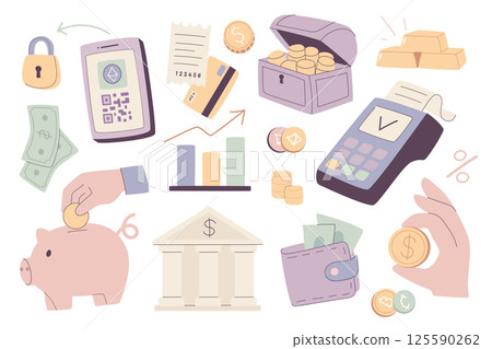Money and finance set in flat graphic design. Collection isolated elements of online banking, safe access, mobile pay, credit card, gold bars, cash, savings, piggy bank, other. Vector illustration. 125590262