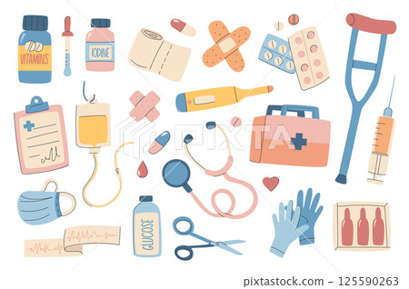 Medical set in flat graphic design. Collection isolated elements of vitamin bottle, pipette, bandage, pill, plaster, medicines, blood dropper, stethoscope, first aid kit, other. Vector illustration. 125590263