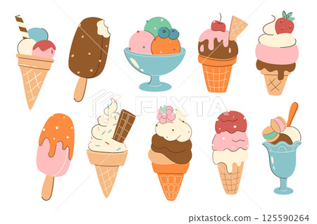 Ice cream set in flat graphic design. Collection isolated elements of different cold desserts with scoop balls, waffle cones, berries, gelato, popsicle, sorbet, sundae and other. Vector illustration. 125590264