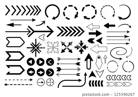 Arrows set in flat graphic design. Collection isolated elements of different black cursors, circular, turning, forward, back, repeat, right, left, crossing, down, other pointers. Vector illustration. 125590267