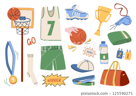Basketball set in flat graphic design. Collection isolated elements of ball, basket, medal, sock, team player uniform, sneaker, trophy, cap, water bottle, whistle, score, other. Vector illustration. 125590271