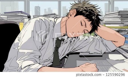 Exhausted businessman sighing at his office desk 125590296