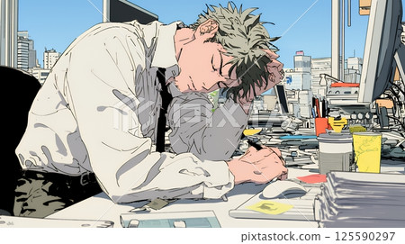 Exhausted businessman sighing at his office desk 125590297