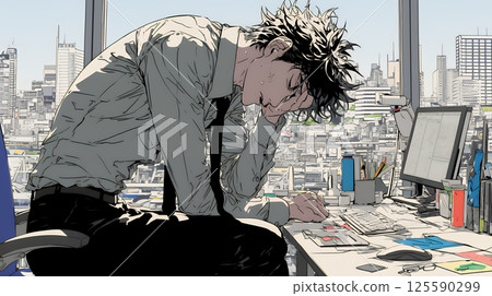 精疲力竭的商人在辦公桌前嘆氣 精疲力竭的商人在辦公桌前嘆氣 125590299