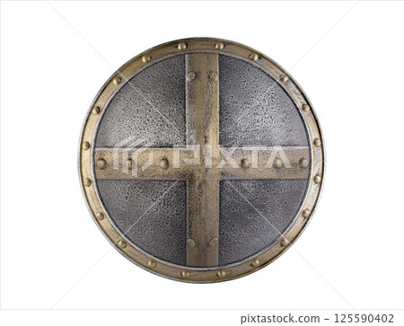Old metal round shield isolated on white background with clipping path Old metal round shield isolated on white background with clipping path 125590402