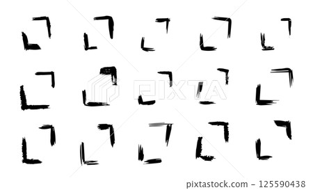 Set of black grunge photo corners drawn with dry brush ink, mockup for scrapbooking, presentation, collection of grunge frames, borders or corners for album design 125590438
