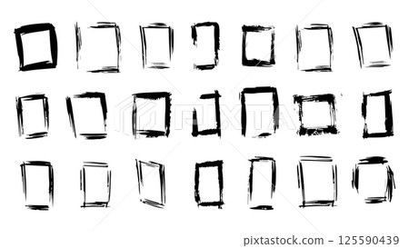 Black borders painted with dry brush, square and rectangle frames, set of grunge black frames, collection of frames made with ink, abstract rectangles for decoration and design 125590439