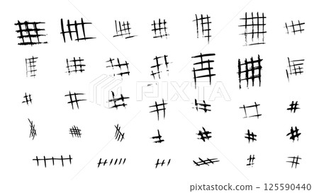 Set of black grunge grids made with dry brush, collection of grids drawn with ink, grunge elements, intersecting black lines for decoration and design isolated on white background 125590440