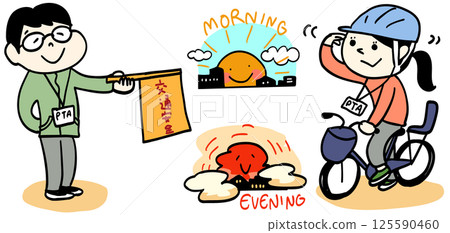 PTA parents patrolling the school route and holding flags 125590460