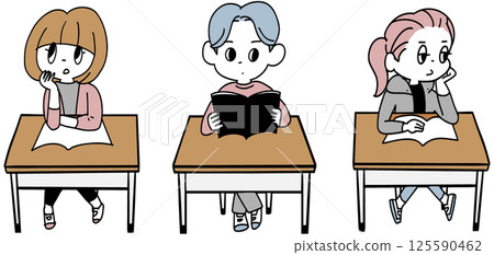 三個學生坐在課桌前 125590462