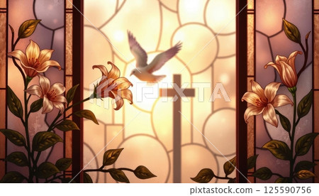 Funeral flyer design featuring delicate stained glass art with floral patterns and soft lighting 125590756