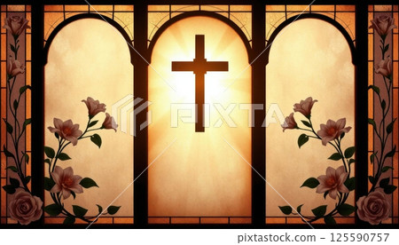 Funeral flyer design featuring delicate stained glass art with floral patterns and soft lighting 125590757