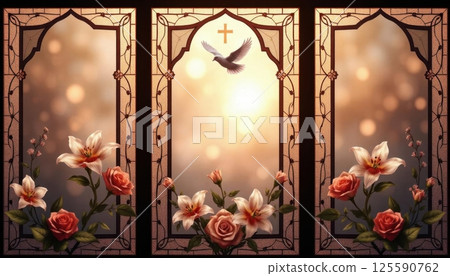 Funeral flyer design featuring delicate stained glass art with floral patterns and soft lighting 125590762