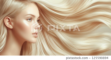 溫暖的燈光下，有著飄逸金髮的美麗女子。美容、護膚、健康 125590894