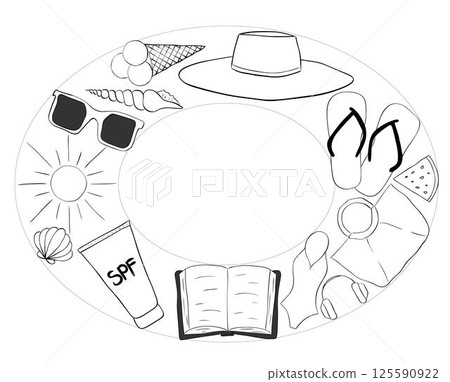 Beach essentials Oval frame template for text. Vector graphic line ink illustration. Summer sale promotion round board surrounded by beach objects. for package, cosmetic, textile, cards. 125590922