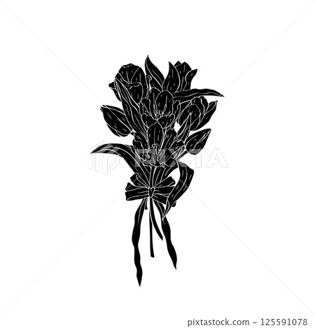 Beautiful hand drawn pink tulip flowers bouquet silhouette with fancy bow knot line art 125591078