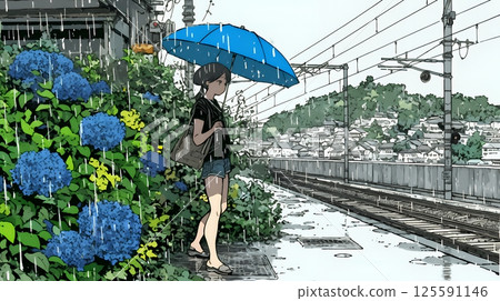 A young woman and hydrangeas in full bloom planted on a railway station platform and rainy season rain 125591146