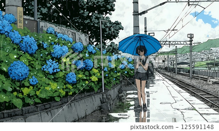 A young woman and hydrangeas in full bloom planted on a railway station platform and rainy season rain 125591148