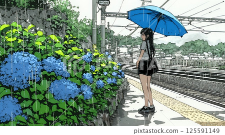 A young woman and hydrangeas in full bloom planted on a railway station platform and rainy season rain 125591149