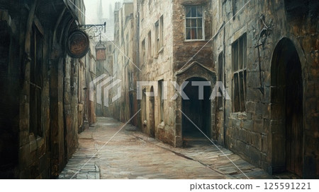 Morning in a European back alley lined with stone buildings_3 125591221