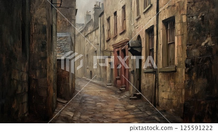 Morning in a European back alley lined with stone buildings_4 125591222