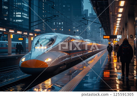 Sleek high-speed train pulls into a bustling train station in the evening, as passengers await its arrival 125591305