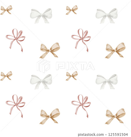 Watercolor seamless pattern with Bows and Ribbons in soft pastel beige colors. Illustration of party background for festival wrapping paper or childish textile design. Backdrop for celebration decor. 125591504