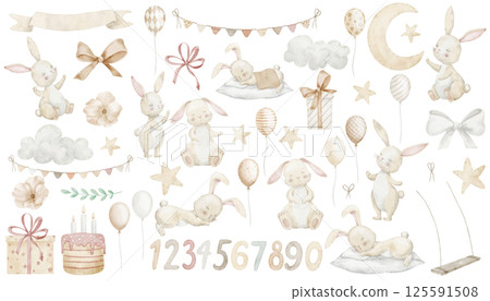 Watercolor set with birthday Bunnies, clouds, balloons, stars and moon. Illustration of Rabbits for Baby shower invitations or childish Birthday greeting cards. Drawing with animals for kids. Watercolor set with birthday Bunnies, clouds, balloons, stars and moon. Illustration of Rabbits for Baby shower invitations or childish Birthday greeting cards. Drawing with animals for kids. 125591508