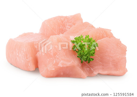Raw diced chicken fillet isolated on white background with full depth of field. Raw diced chicken fillet isolated on white background with full depth of field. 125591584
