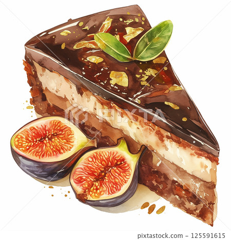 Delicious fig cake slice with rich chocolate icing and fresh figs garnishing the plate at a dessert shop 125591615