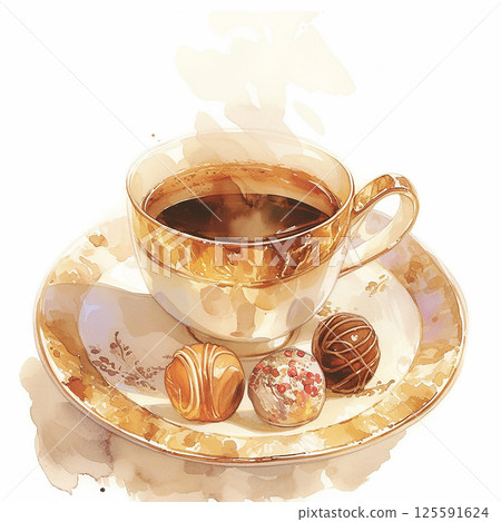 Coffee served with assorted chocolates on a decorative plate during afternoon relaxing time 125591624