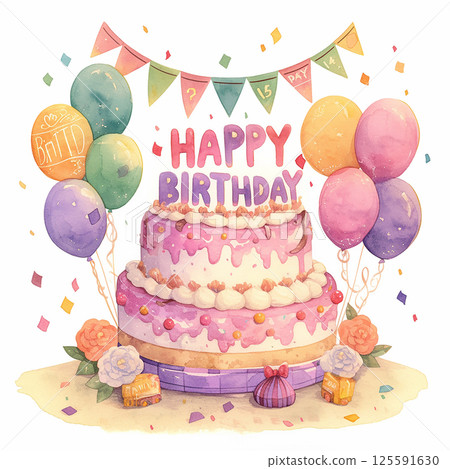 Celebrate a joyful birthday party with cake, balloons, and colorful presents at a festive gathering 125591630